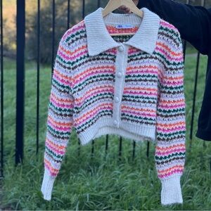 Zara Chunky Knit Rainbow Colorful Button Up Peter Pan Collar Cardigan Medium